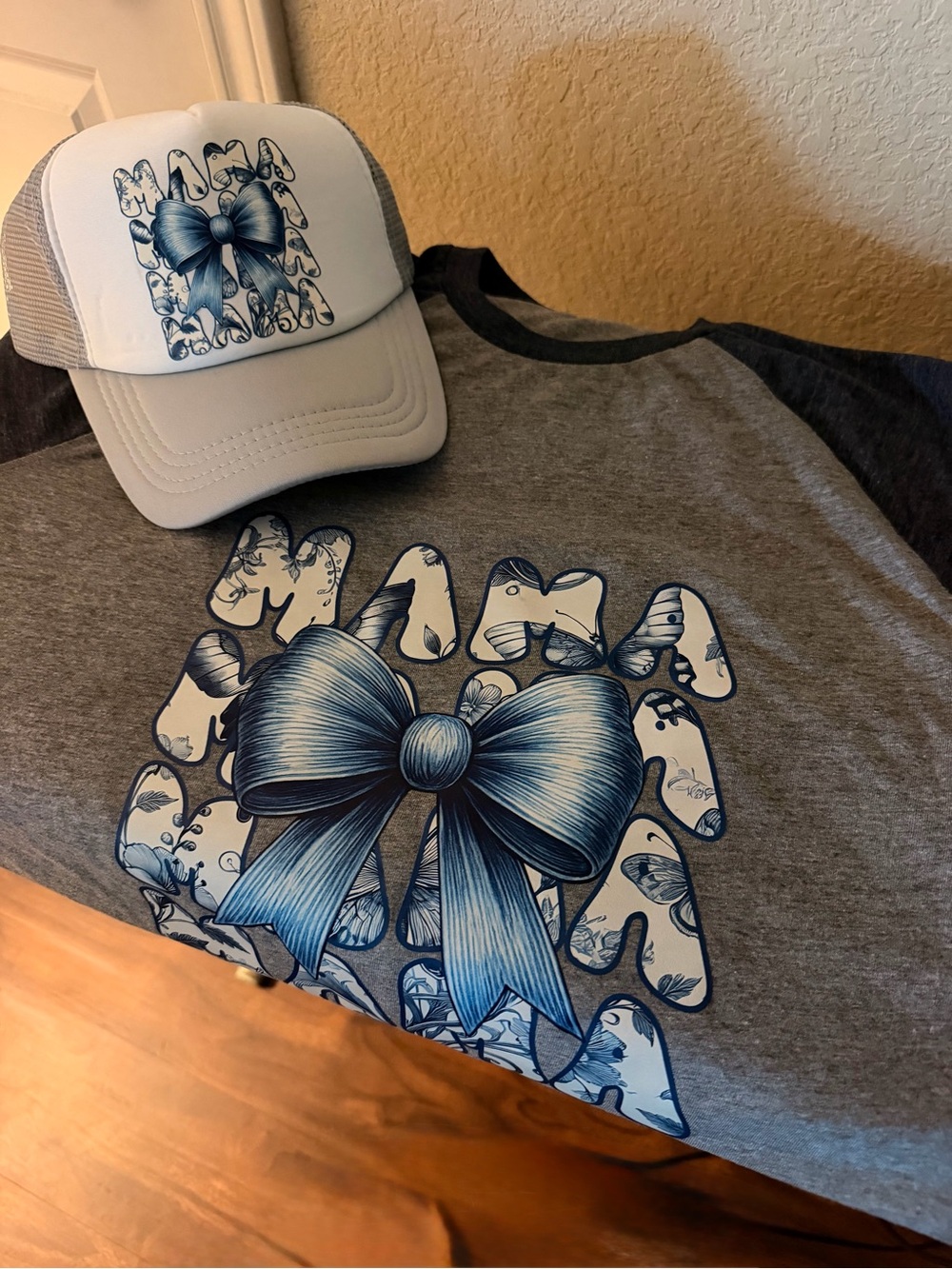 Gray Raglan Long Sleeve Tee with Blue Bow Graphic - Unbranded